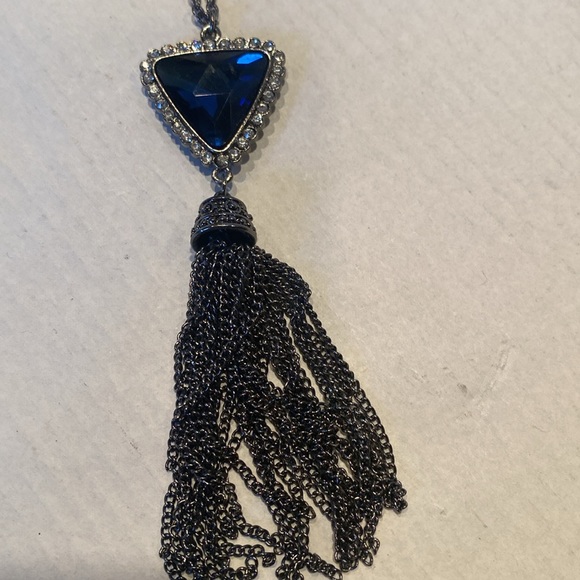 NWT eclat Antique-looking Black Tassel necklace w/ Faux Sapphire/Rhinestones - Picture 2 of 4